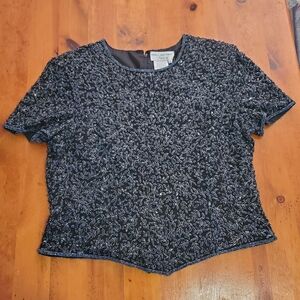 Papell Boutique Evening Beaded Corset Zip Up Black Top Womans Extra Large Silk